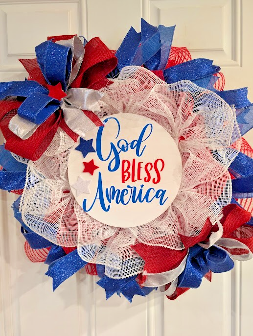God Bless America Wreath, Patriotic Front Door Decor, Americana Decor