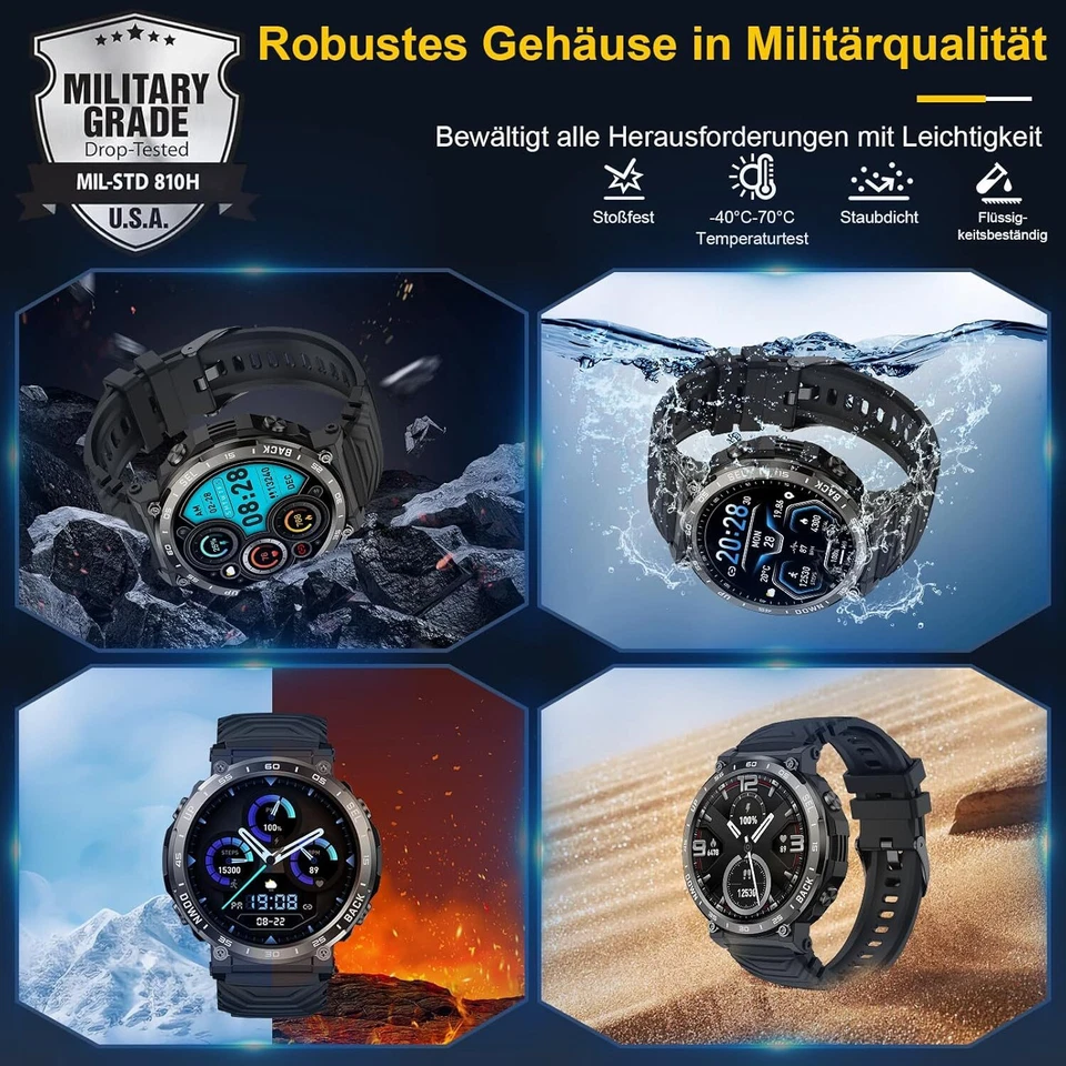 Militär Smartwatch Herren mit Bluetooth-Anrufe 5ATM Wasserdicht 960mAhFitnessuhr - Bild 2 von 4