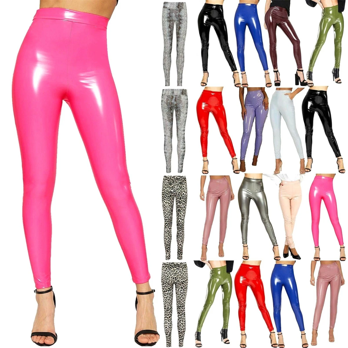 Women Leggings Elasticated Ladies Look Shiny Vinyl PVC Wet Disco High Waist  Pant