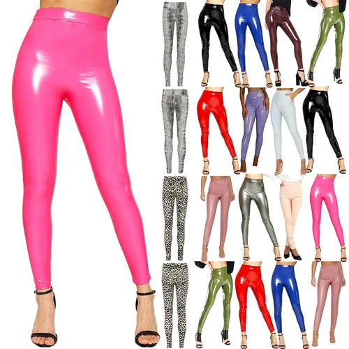 Leggings Donna Elasticizzati Donna Look Lucido Vinile PVC bagnato discoteca  pantaloni vita alta | eBay