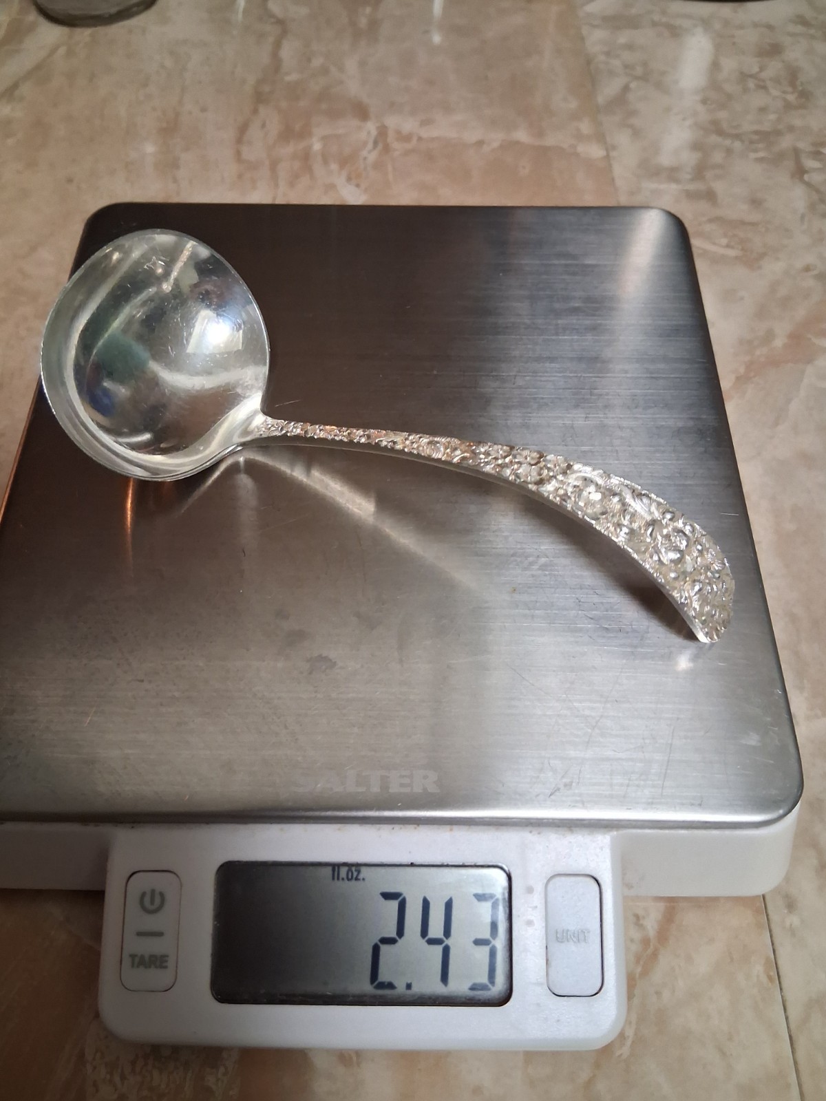 STIEFF STERLING SILVER SAUCE LADLE - WITH BEAUTIFUL ORNATE HANDLE, 2.43 OZ .925