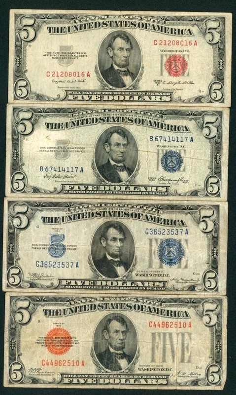 (( 4 NOTES )) $5 1963/ 1953/ 1934/ 1928 United States/ Silver Certificate