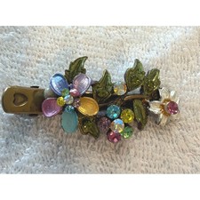 Hair Clip Multicolor Rhinestone Floral Enamel Gold Tone