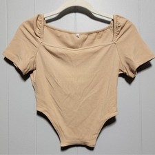 Tan Ribbed Square Neck Puff Short Sleeve Bodysuit Small Beige Slim Fit SS1