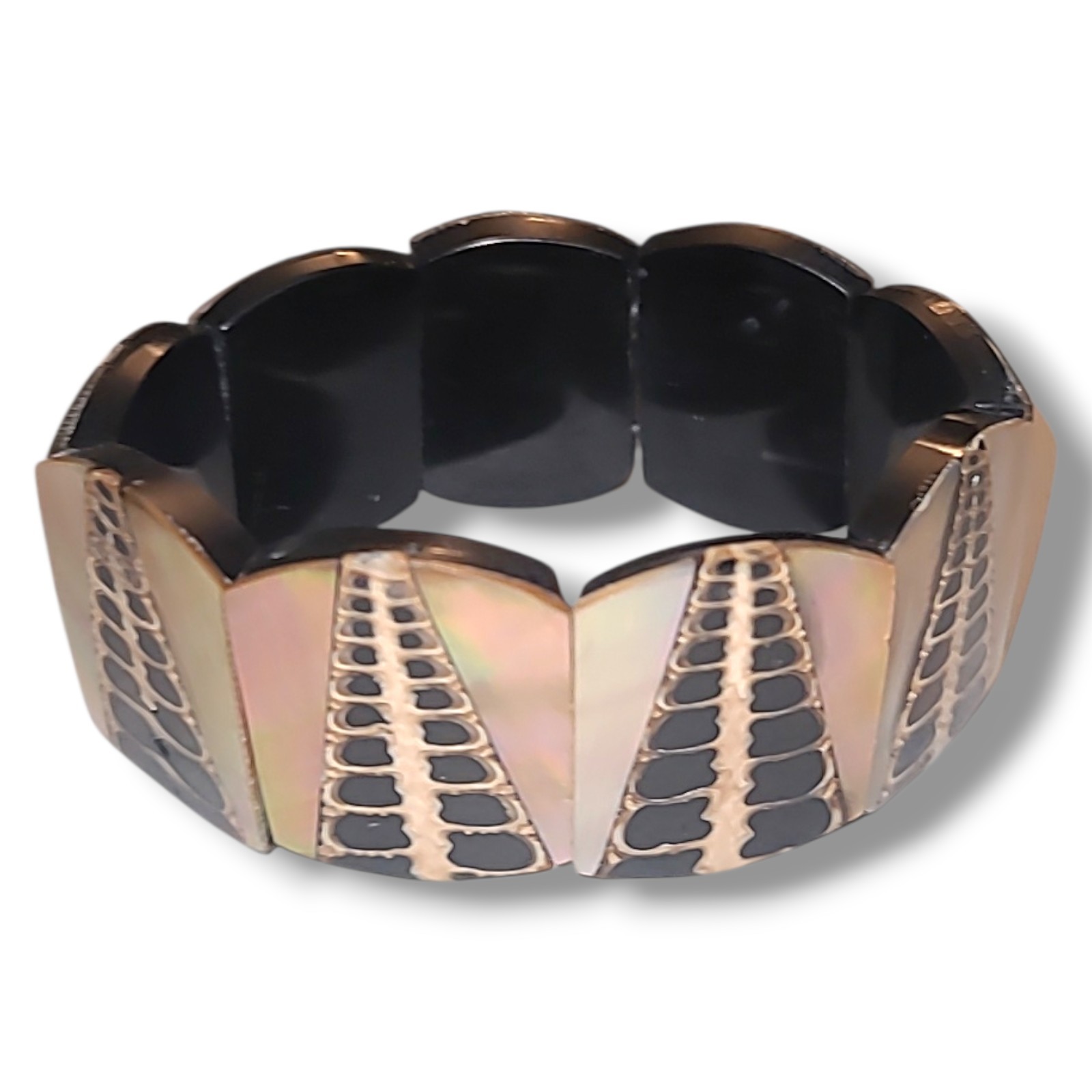 Vintage Abalone Shell Panel Stretch Bracelet Blac… - image 3