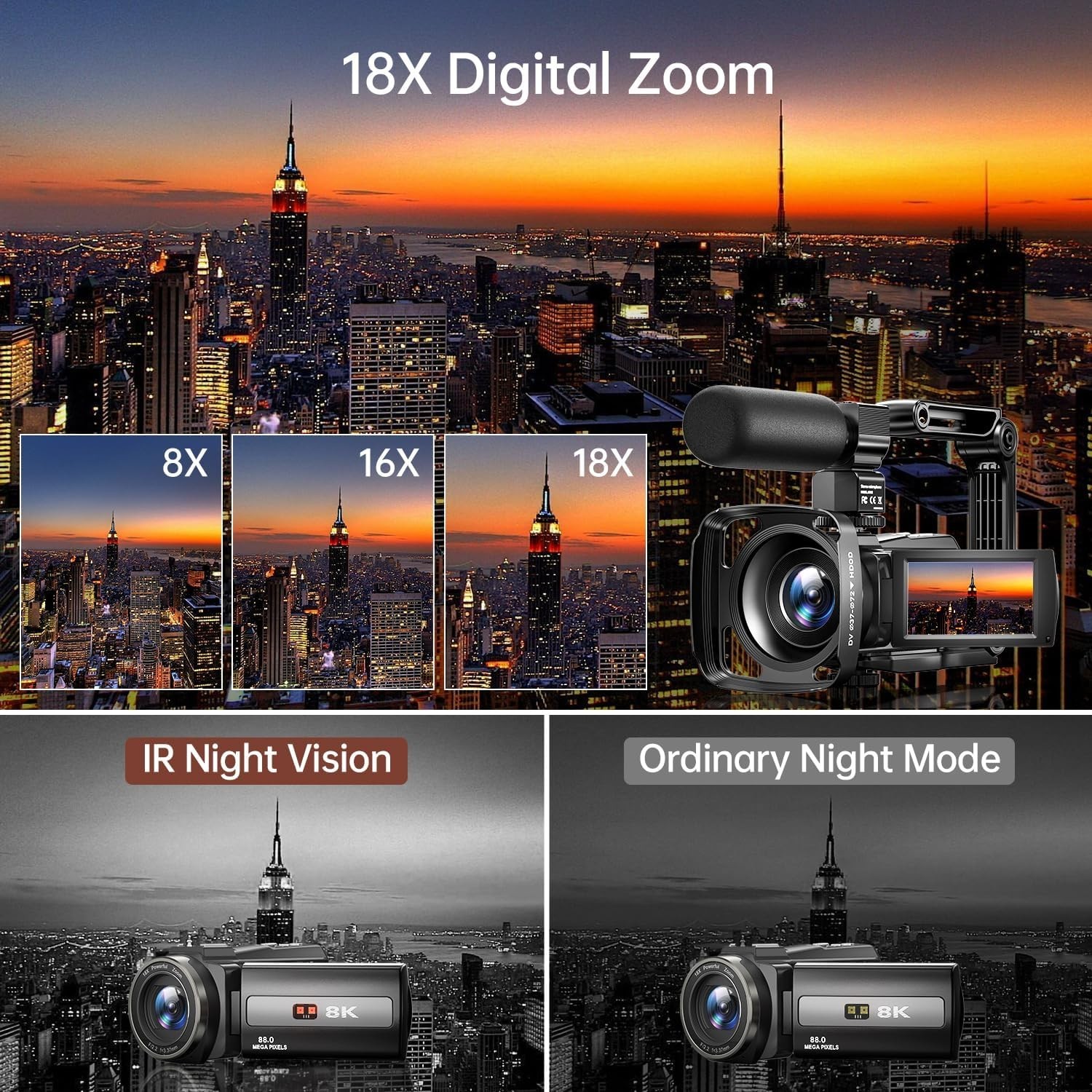 8K Video Camera 88MP UHD WiFi Night Vision Camcorder with 18X Zoom