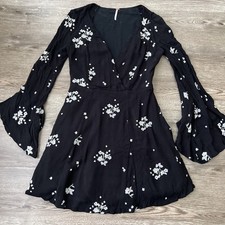Free People Jasmine Embroidered Mini Dress Womens 4 Black Floral Bell Sleeves