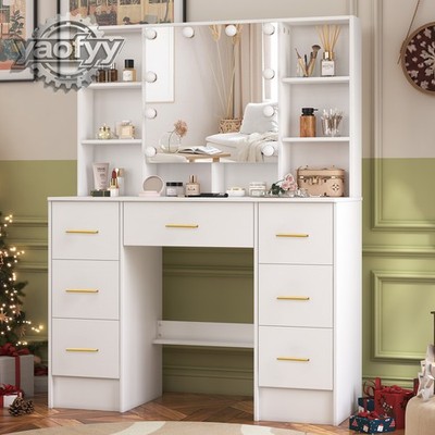 10 LED Lights Mirror Tabel w/ 7 Drawers and Vanity Desk Set with Makeup Desk