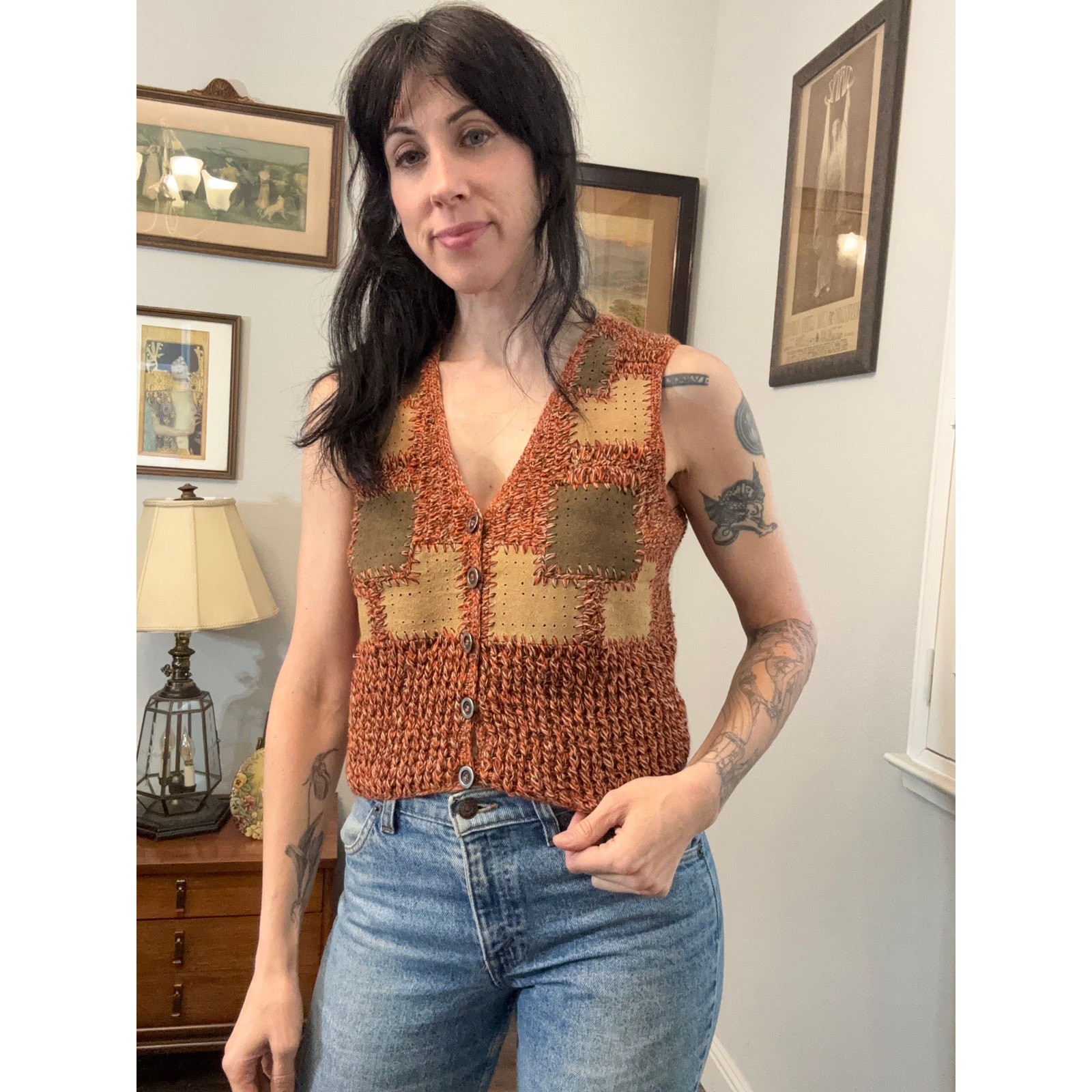 Vintage Harpees 70s leather patchwork button up v… - image 1