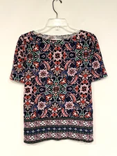 Loft Women's Blouse Size Medium Multicolor Floral Tile Slub Knit Boat Neck Shirt