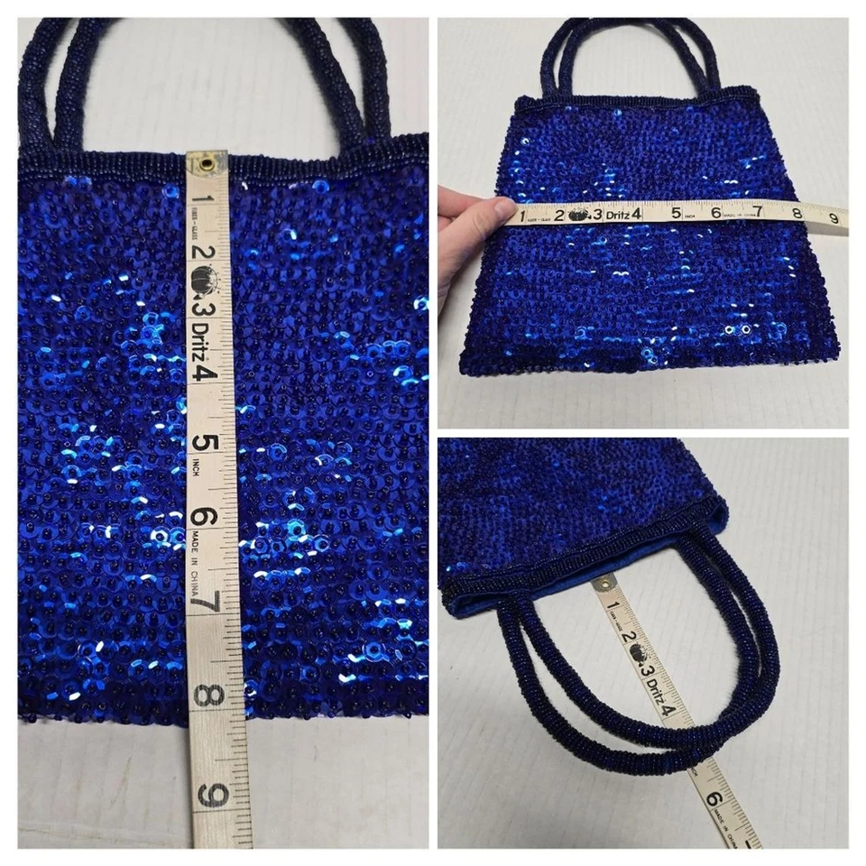 Cartera de noche vintage azul cobalto con cuentas lentejuelas bolso con asa superior hecha a mano Foto 2 de 4
