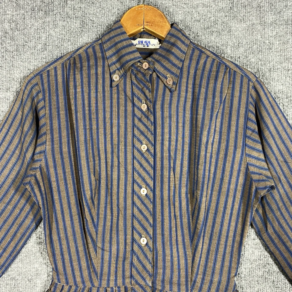 Lindo Vestido Camisa Vintage Años 60 Talla 12 Rayas Oxford Cuello Abotonado Vestido de Día Foto 2 de 4