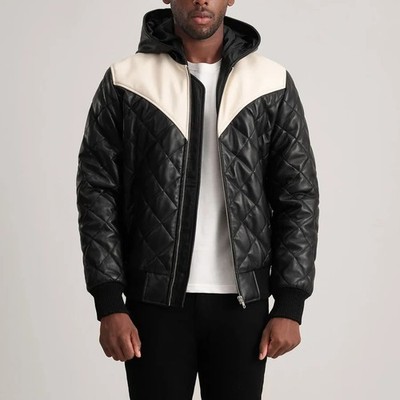 Puffer Leather  Jacket Norman Black Hooded Bomber Jacket