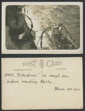 H.M.S. Enterprise, Rough Sea, Before Reaching Malta 1929 Old Real Photo Postcard
