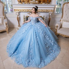 Sky Blue Quinceanera Dresses Off Shoulder Lace 3D Floral Ball Gowns Sweet 15 16