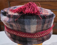 SMOKING CAP Repro 1800's Victorian Style 100  Wool Plaid brown black gray Sz LG