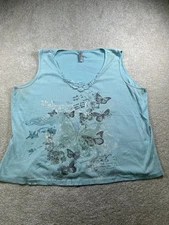 Gitano Tank Top Womens 30/32 Blue Butterfly Floral Graphic Lace Trim Sleeveless