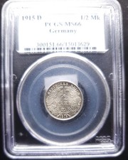 1915-D Germany 1/2 Mark 90% Silver Coin PCGS MS-66; Gem German Empire