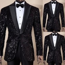 Black Sequins Men's Suits 2 Pieces Party Evening Dinner Wedding Groom Tuxedo