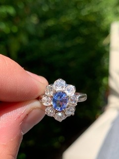 Anello a grappolo oro 18 kt 1 50 ct diamante 1 ct zaffiro naturale vecchio taglio scatola vittoriana