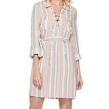 GUESS Striped Lace Up Shirt Dress Pink Beige Gray White Roll Tab Sleeve M