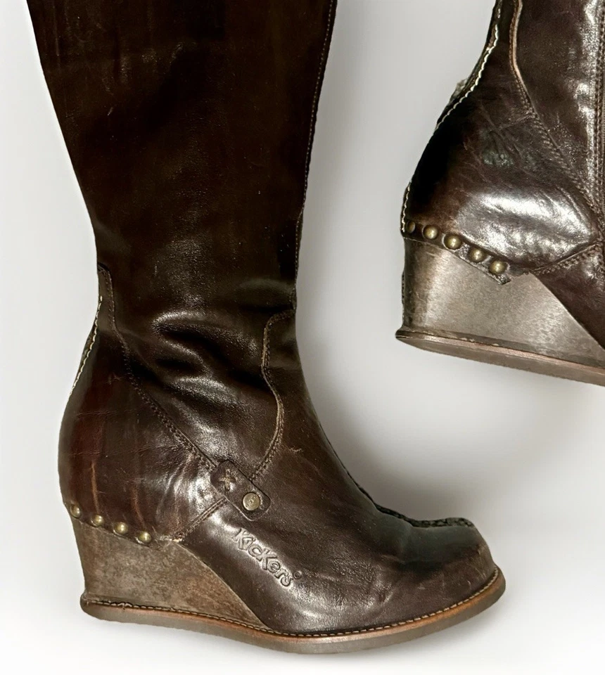 Botas De Colección Años 90 Y2K Marrón Gruesas Tacón Cuña Puntada Grunge Boho Francia 7.5 Foto 4 de 4