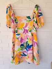 Lily Rose Women's Abstract Floral Bold Colorful Puffed Sleeve Mini Dress Large