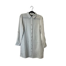 Tahari 100% Linen Shirt Dress Cream Button Down Tunic Roll Tab Sleeve Small