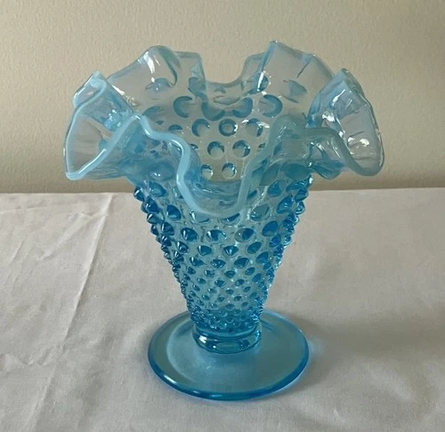 Vintage Fenton Hobnail Blue Opalescent Ruffled 5" Trumpet Vase