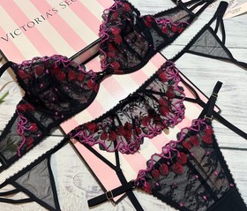 Victoria&rsquo;s Secret Bra Cherry Pop Embroidery Unlined Demi Brazilian Set Black