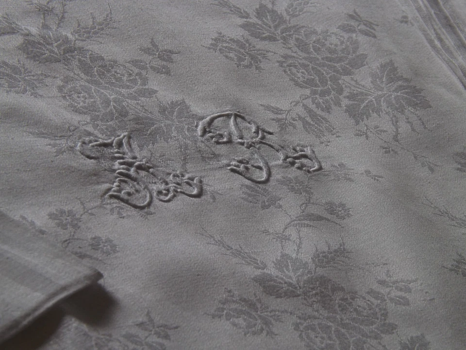 nappe, damas de fil de lin, 2.38 m X 1.80 m, mono A R, ancienne - Photo 3/4