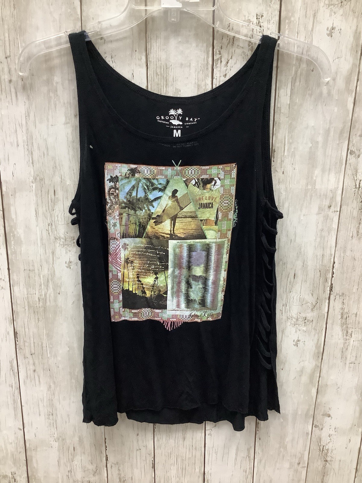 Groovy Bay Jamaica Black Surf Graphic Tank Top With Side Tie Accents, Size M