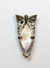 Antique Art Deco Mother of Pearl Center Rhinestone Scarf/Dress Clip 1.75"