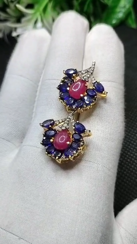 Natural Ruby, Blue Sapphire Gemstone Studs Pave Diamond 925 Silver Woman Earring - Video 1 of 1
