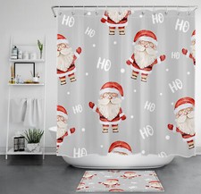Grey Retro Winter Happy Red Santa Claus Shower Curtain Set for Bathroom Decor