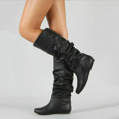 Women's Slouch Flat Heel Mid Calf Boots Knee Round Toe Comfort Casual Boot Shoes