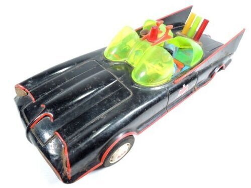 VINTAGE JAPAN AOSHIN TIN BATMOBILE BATMAN & ROBIN RARE RED TIN BATTERY TOY  1972