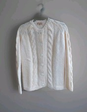 Vtg "Langholm Woolen Craft" Ivory Button Down Cable Woman Cardigan Sweate Sz M/L