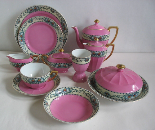 Vtg 15 pc Czech Czechoslavakia breakfast tray set PINK fruit scroll SURREY - 第 1/21 張圖片