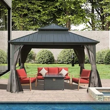 Domi 12' x 12' Hardtop Gazebo Outdoor Aluminum Gazebo w/Curtains and Net Gray