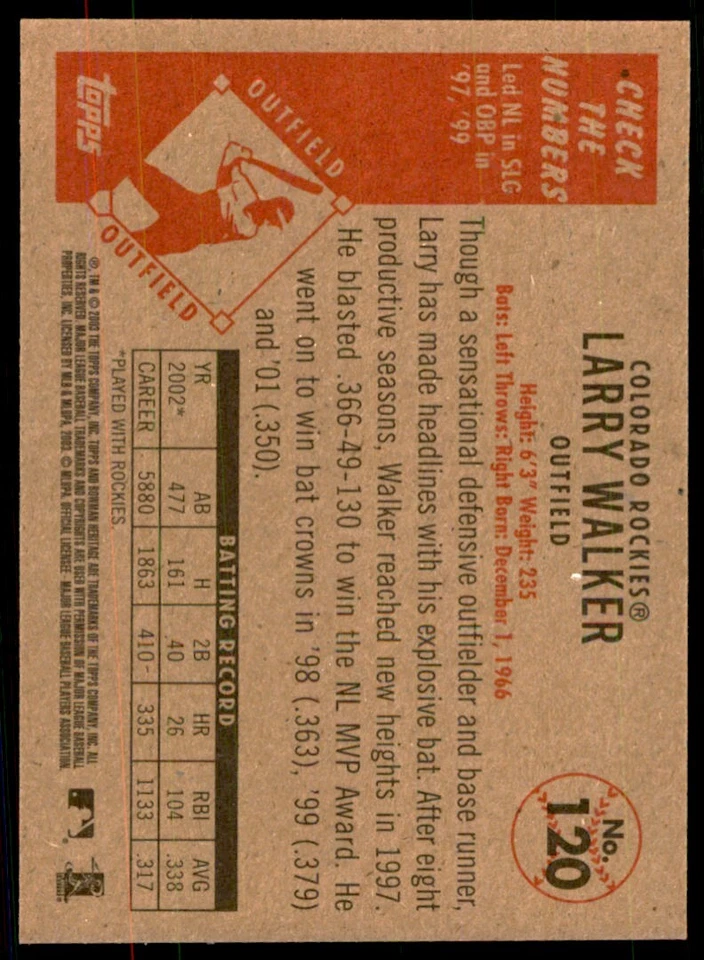 2003 BOWMAN HERITAGE LARRY WALKER COLORADO ROCKIES #120 - Image 2 of 2