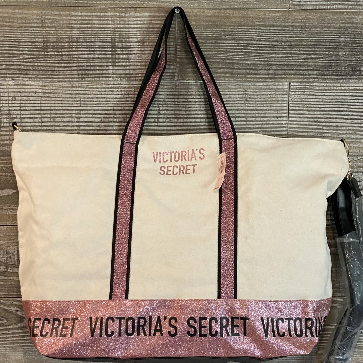 New Victoria's Secret Sparkle Pink Ivory Weekender Canvas Tote