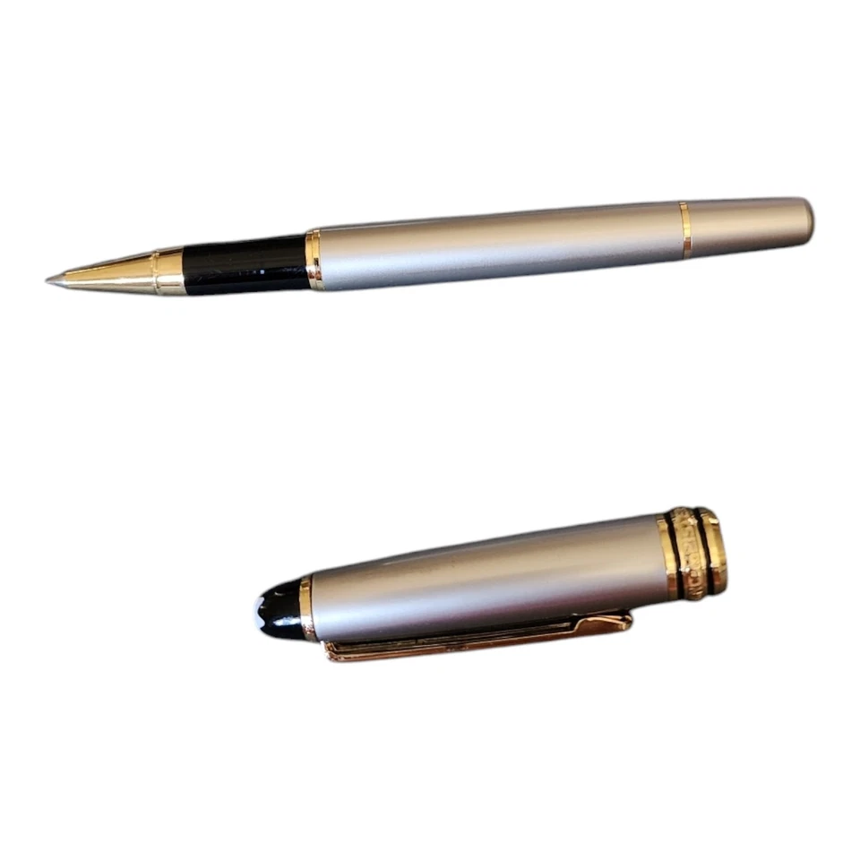 Bolígrafo de lujo metálico plateado con borde/clip dorado viene con funda Foto 4 de 4