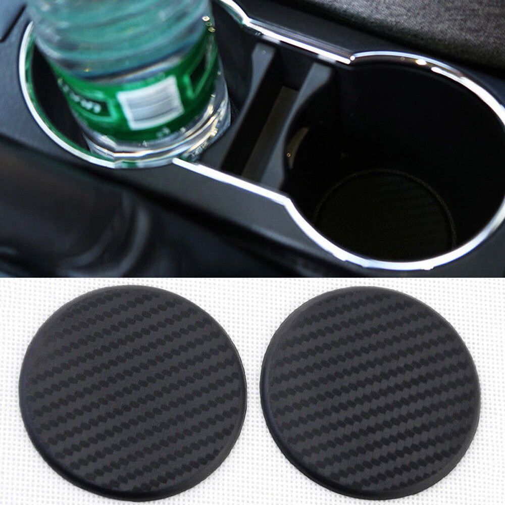 2X Black Carbon Fiber Non-Slip Cup Holder Mats for Cars
