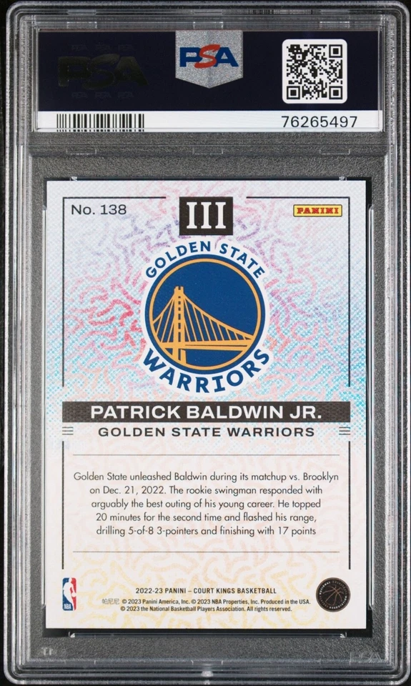 2022 Court Kings Patrick Baldwin Jr Tier III #138 PSA Gem 10 Golden State - Image 2 of 2