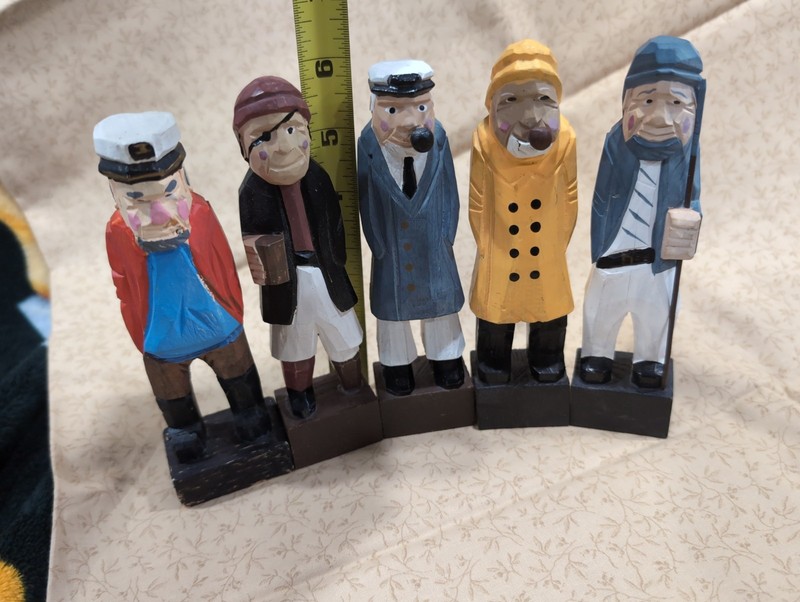 Five 6" Wooden Nautical figurine Sailor Captain Skipper hand carved vintage look