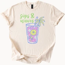 Sips and Waves Summer Drink Graphic Tee Lemonade Palm Tree Beach Shirt Fun