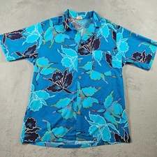 Vintage Barefoot in Paradise Hawaiian Shirt Mens Large Blue Floral Short Sleeve