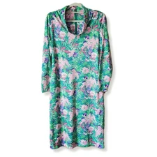 60s Nat Kaplan Couture Shift Midi Dress L Cowl Neck Floral Green Pink Jersey
