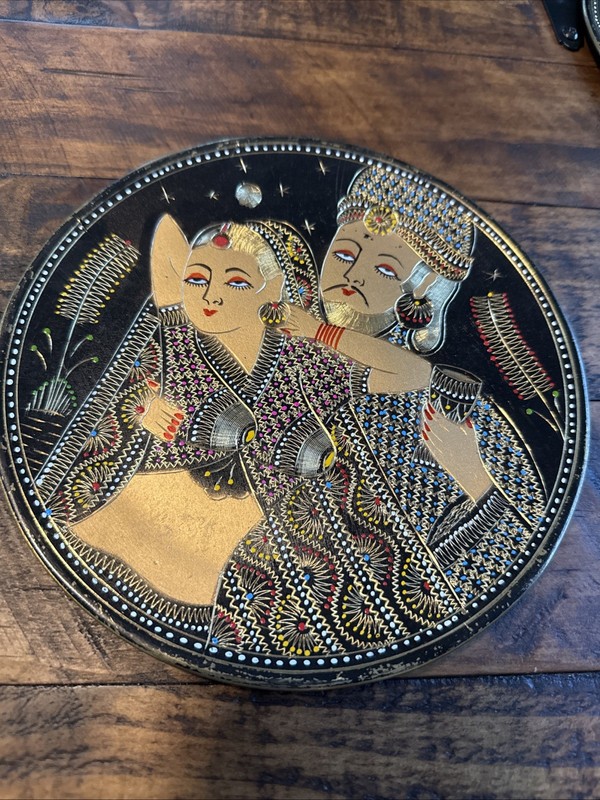 VTG Hand Painted Brass Wedding Plate Traditional Indian Art Hindu Hookah Huqqa